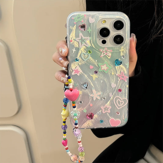 Colorful Star & Heart Phone Case with Lanyard for iPhone 16 Series - Daily Shockproof Protective Phone Cover