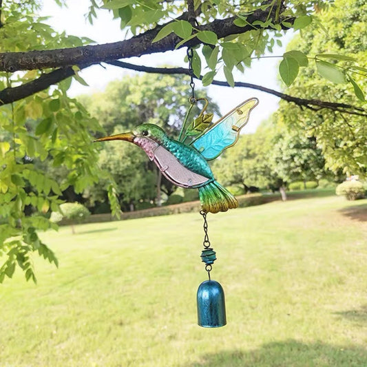 Stained Glass & Iron Hummingbird Decorative Wind Chime - Blue, Home Yard Porch Patio Outdoor Decor Ornament