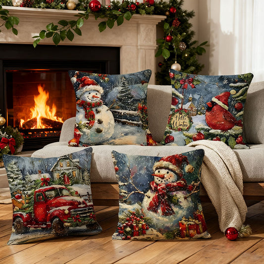 4 Pcs Festive Christmas Pillow Cover Set - Living Room Sofa Couch Holiday Home Decor