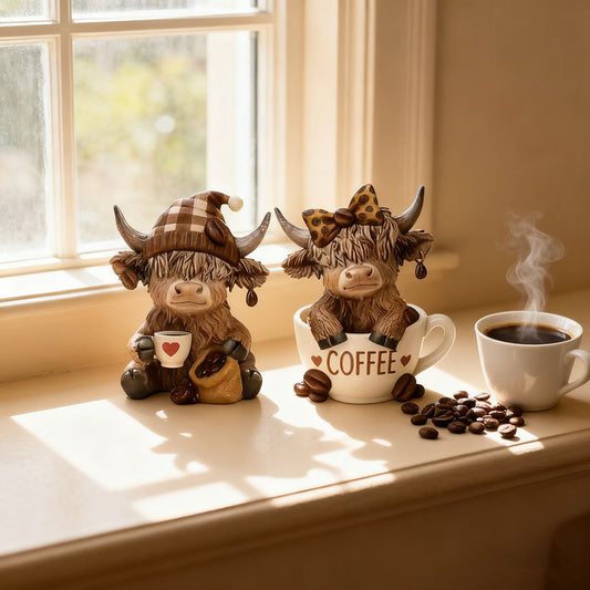 Adorable Resin Coffee Loving Highland Cow Figurine - 3.5-Inch, Tabletop & Shelf Indoor Decor