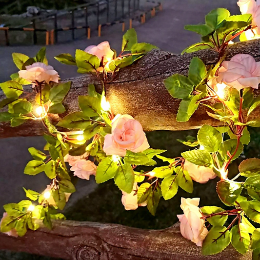 Battery Powered LED Rose Garland Lights - 6.56 Ft, Indoor Outdoor Floral Lighting