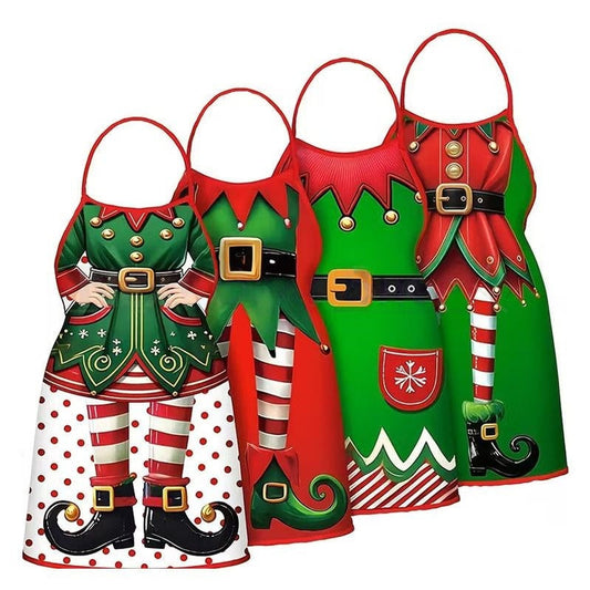 Christmas Themed Elf Apron - Set of 4 , Holiday Kitchen Wear for Party Cooking
