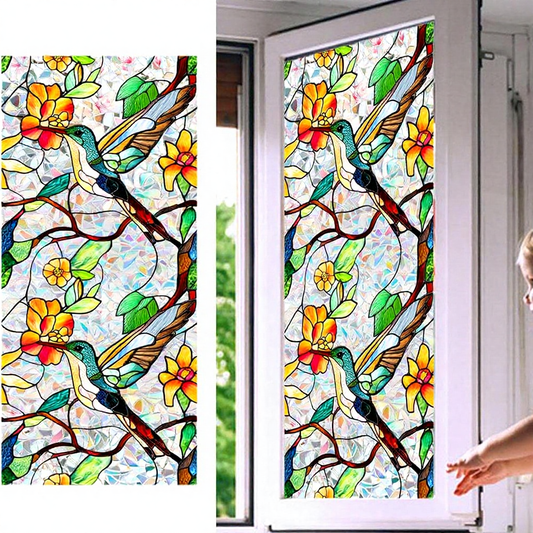 Colorful Hummingbird & Floral Window Film - Decorative Indoor Home Window Accessory