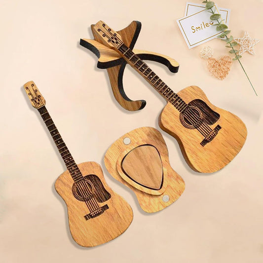 Wooden Guitar Pick Holder with Guitar Picks - Unique Novelty Gift for Guitar Players