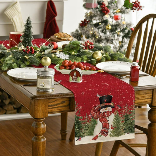Adorable Christmas Snowman Table Runner - Dining Table Xmas Holiday Tabletop Decor