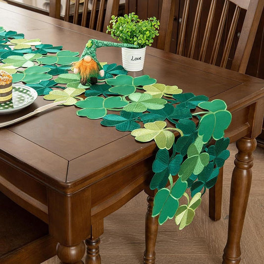 Embroidered Irish Clover Table Runner - 15×34 Inch, St.Patrick’s Day Dining Table Decor