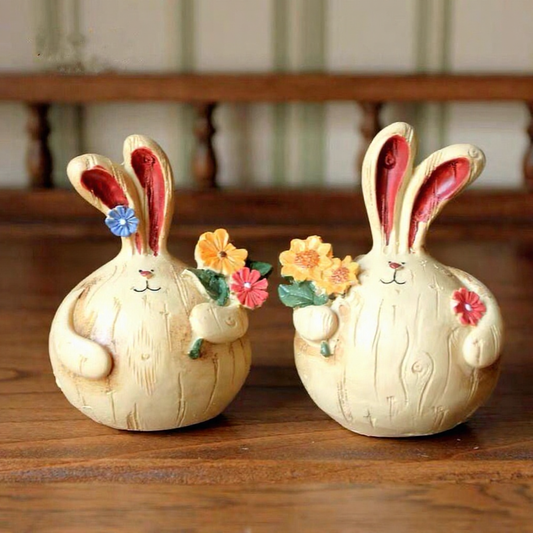 Hand Painted Resin Bunny Figurines - Set of 2, Easter Lawn Patio Garden Decor