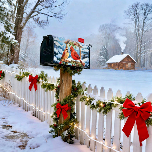 Festive Cardinal Magnetic Mailbox Cover - Outdoor Mailbox Christmas Holiday Decor