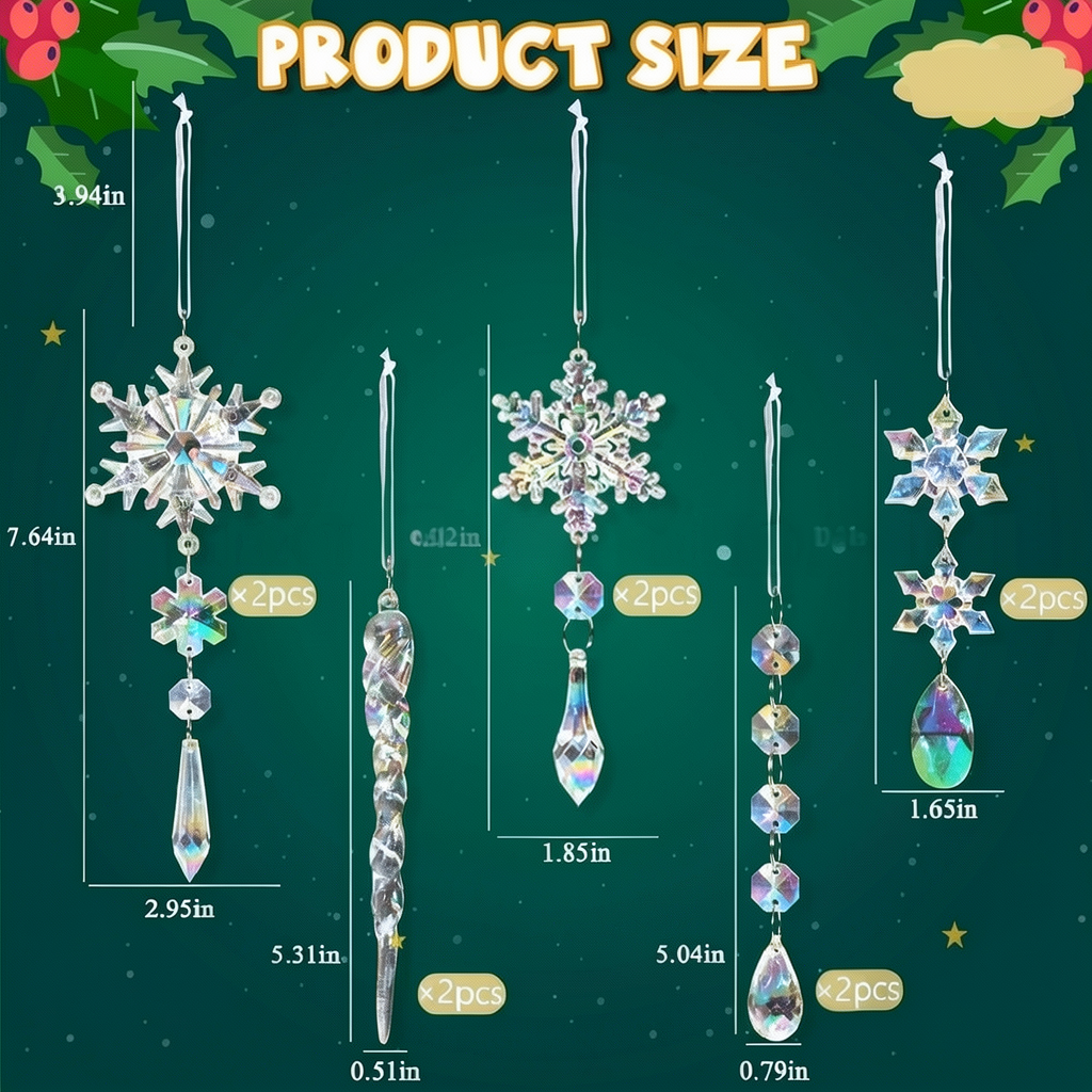 Iridescent Christmas Snowflake & Icicle Hanging Ornament - 10 Pcs, Xmas Tree Home Indoor Outdoor Holiday Party Decor