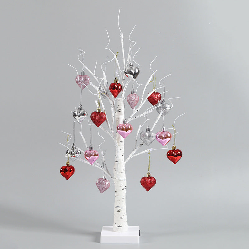 Lighted Birch Tree with Heart-Shaped Ornaments - Home Wedding Valentine Tabletop Decor