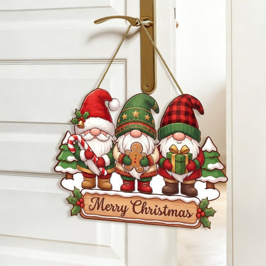 Wooden Christmas Gnome Door Hanging Sign - Front Door Home Wall Holiday Party Festive Decor