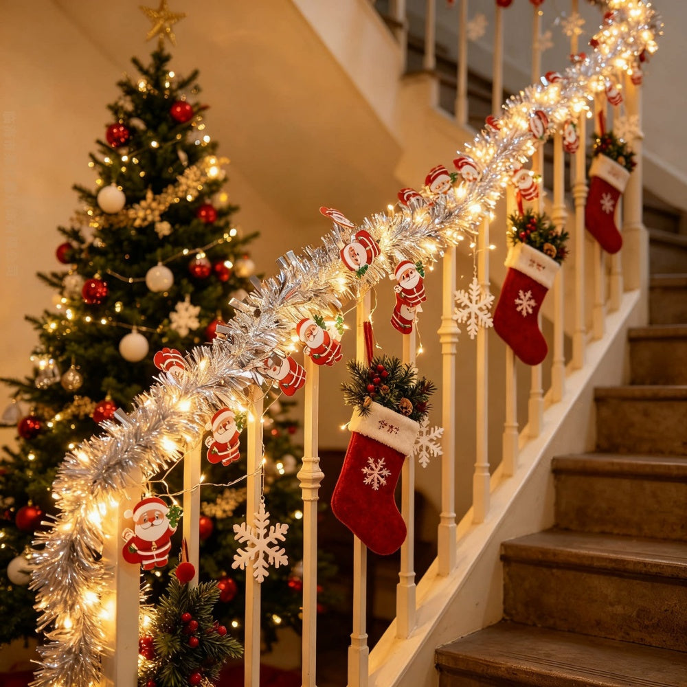 Battery Powered Silver Santa Christmas Tinsel Garland Lights - 9.84 ft, Mantel & Tree Holiday Decor