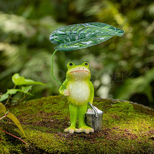 Adorable Gardener Frog Figurine with Leaf Umbrella