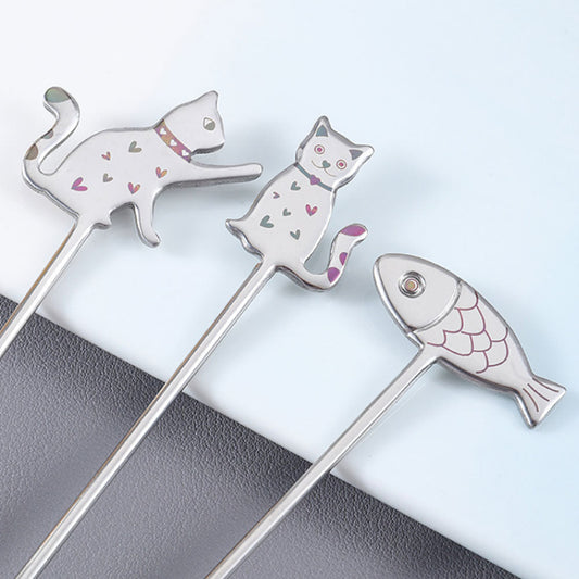 Set of 3 Adorable Cat & Fish Stainless Steel Stirring Spoons - Kitchen Dining Table Coffee Tea Mixing Utensils