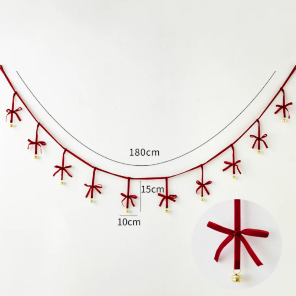 Festive Red Velvet Bow Bell Garland - Christmas Mantel Wall Hanging Holiday Decor