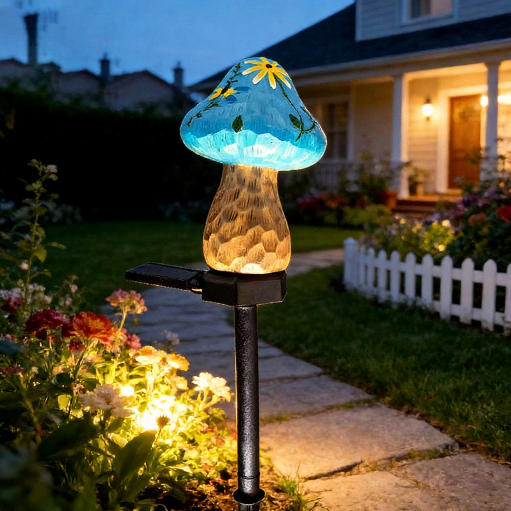 Solar Powered Warm White LED Mushroom Garden Stake Light - Weatherproof Lawn & Pathway Lighting