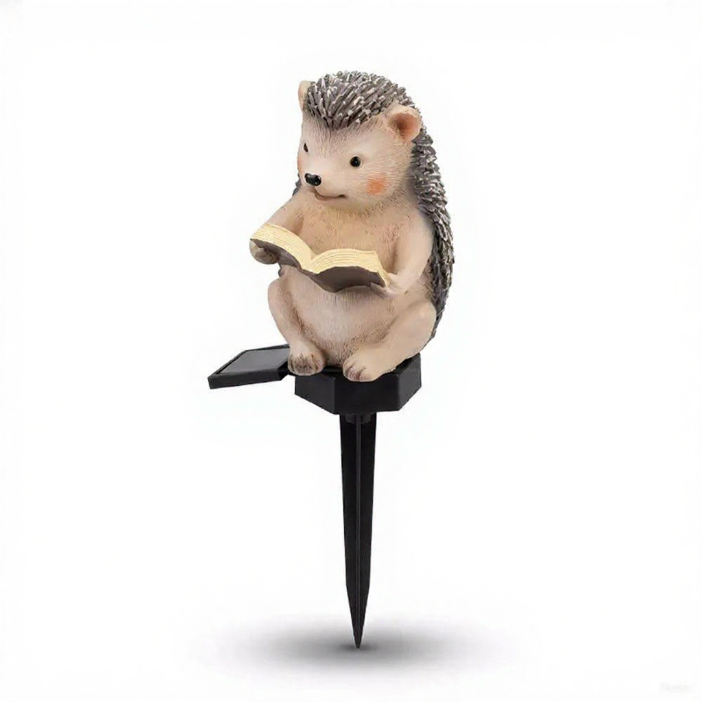 Solar Powered Warm White LED Reading Hedgehog Garden Stake Light - Weatherproof Flower Bed & Yard Lighting