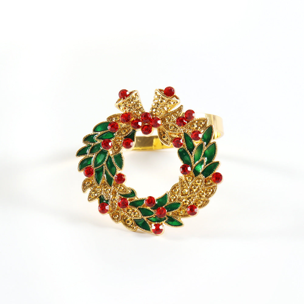 Rhinestone Christmas Wreath Napkin Ring - Set of 4, Holiday Dinner Table Napkin Holder Decor
