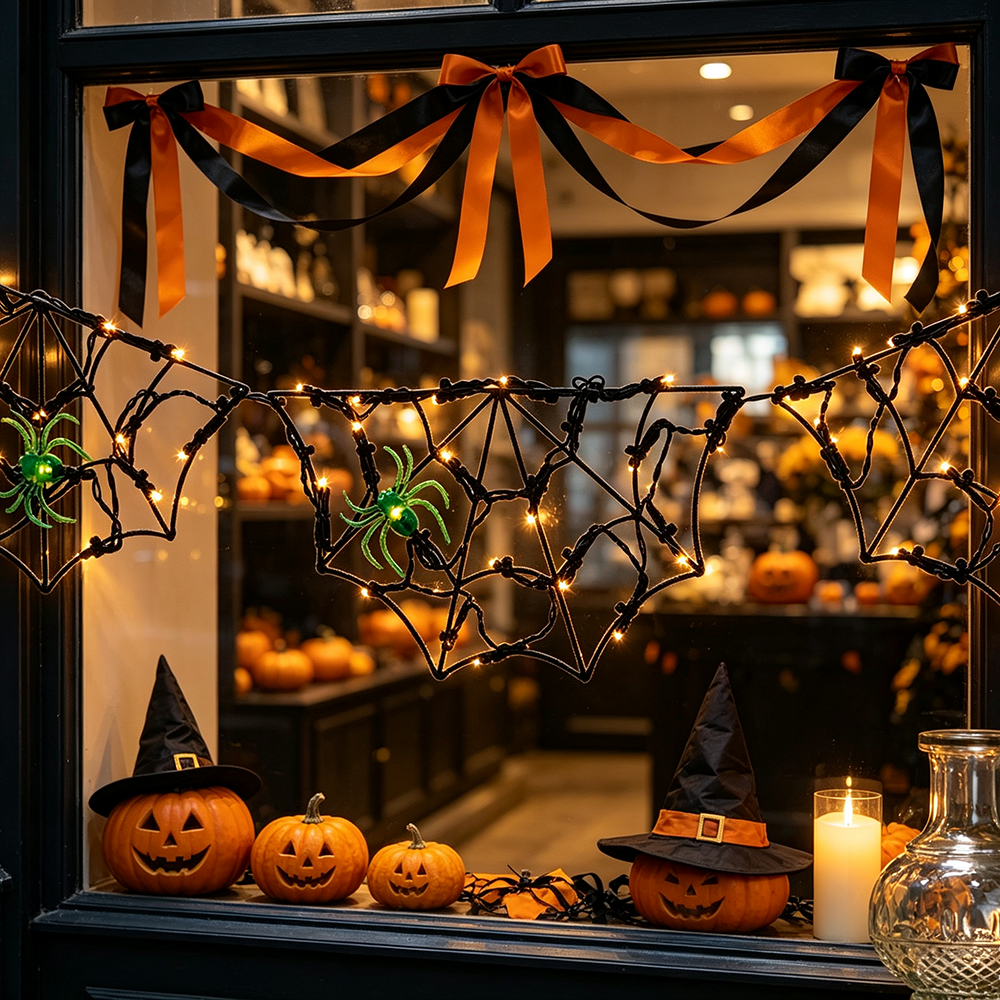 Spooky Spider Web LED String Lights - Halloween Mantel Wall Window Holiday Party Decor Lighting