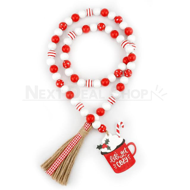 Wood Bead Garland with Tassels - Rustic Hanging Bead String for Christmas Holiday Decoration