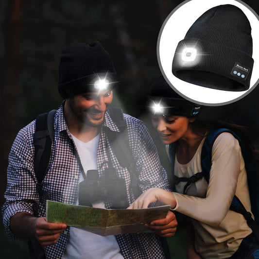 Bluetooth Music Beanie with Headlamp - Night Jogging, Hiking & Winter Outdoor Activities Phone Accessory