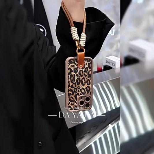Leopard Print Phone Case with Lanyard for iPhone 16 Series - Daily Shockproof Protective Phone Cover