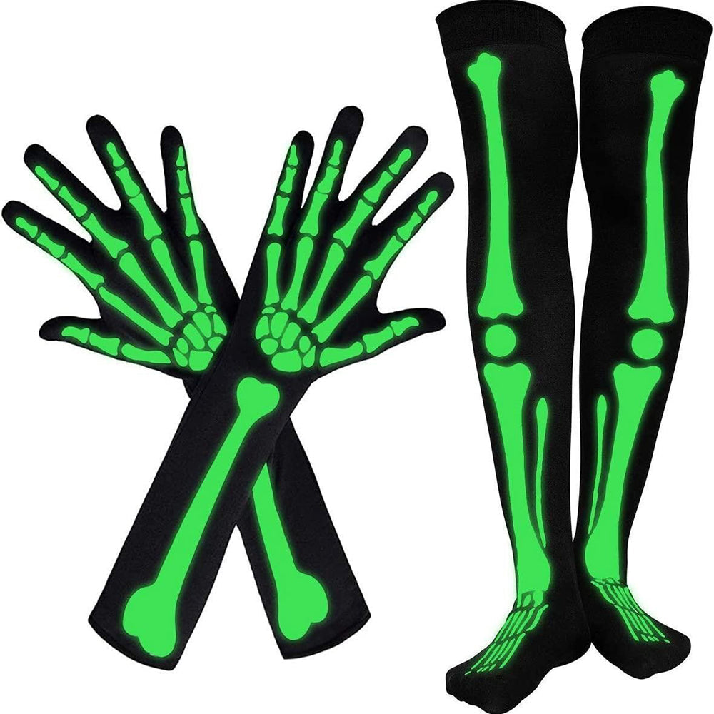 Glow in the Dark Skeleton Glove & Stocking Set - Halloween Party Cosplay Costume Accessory
