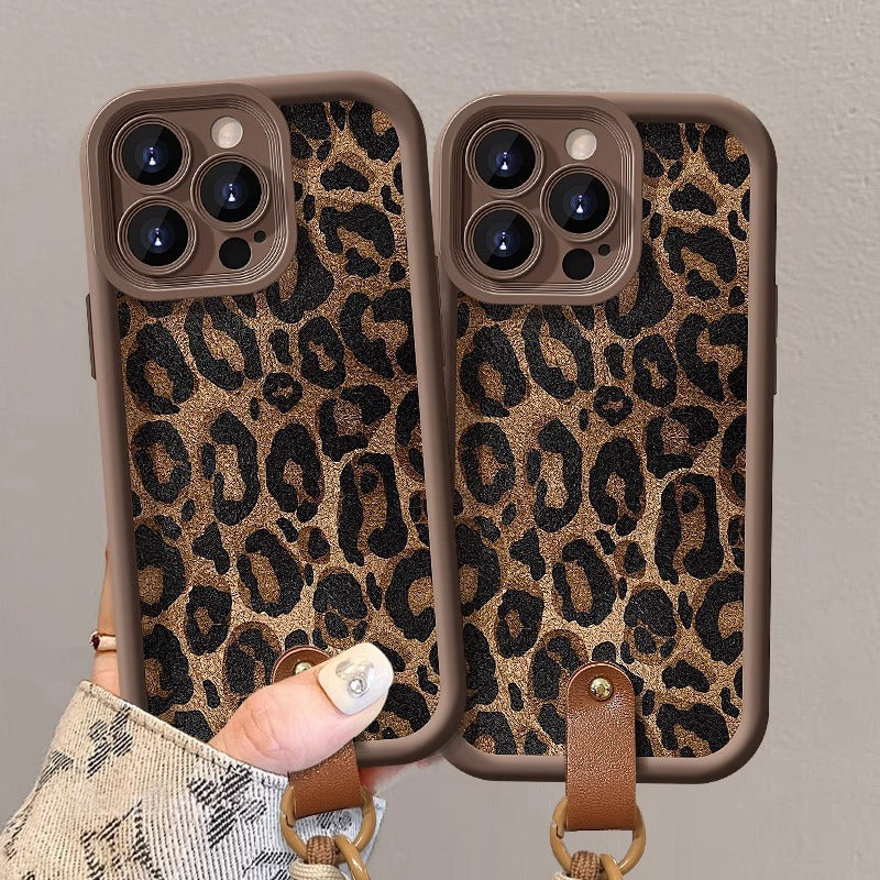 Leopard Print Phone Case with Lanyard for iPhone 16 Series - Daily Shockproof Protective Phone Cover