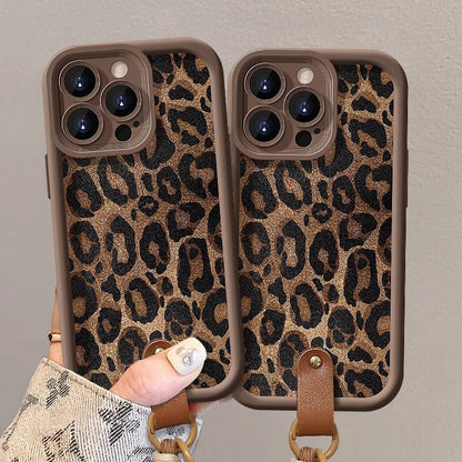 Leopard Print Phone Case with Lanyard for iPhone 16 Series - Daily Shockproof Protective Phone Cover