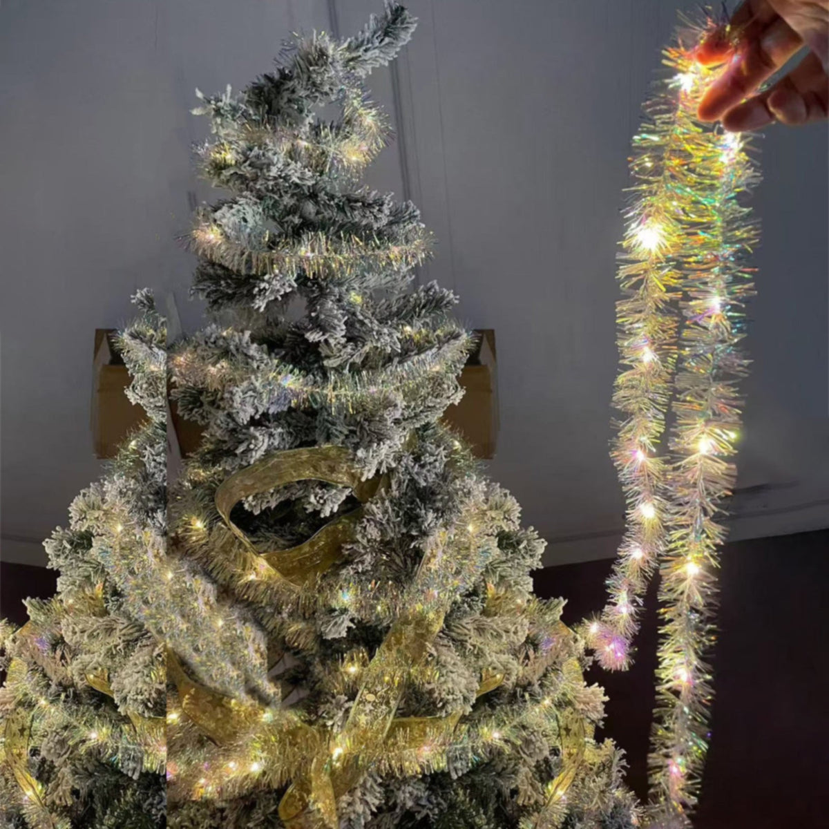 Battery-Powered Iridescent Christmas Tinsel Garland LED Lights - 16.4ft, Mantel & Tree Holiday Decor