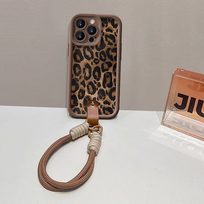 Leopard Print Phone Case with Lanyard for iPhone 16 Series - Daily Shockproof Protective Phone Cover