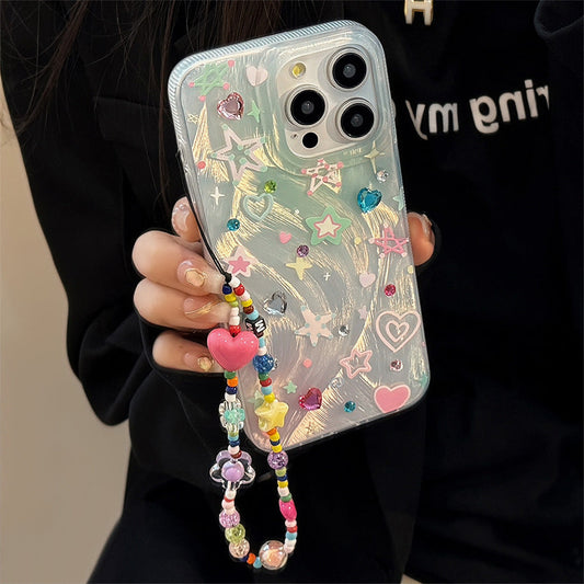 Colorful Star & Heart Phone Case with Lanyard for iPhone 16 Series - Daily Shockproof Protective Phone Cover
