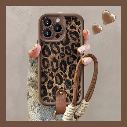 Leopard Print Phone Case with Lanyard for iPhone 16 Series - Daily Shockproof Protective Phone Cover