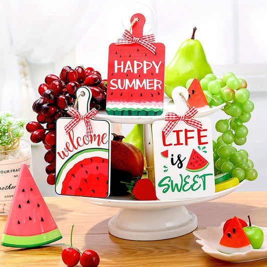 Happy Summer Watermelon Kitchen Decor Sign - Set of 3, Home Table Wall Decoration