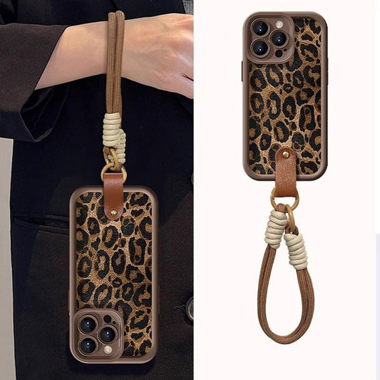 Leopard Print Phone Case with Lanyard for iPhone 16 Series - Daily Shockproof Protective Phone Cover
