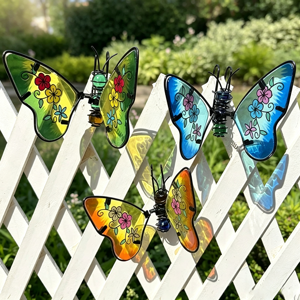 Set of 3 Stained Glass Metal Butterfly Pot Hugger - Garden Yard Potted Plant Edge Ornament