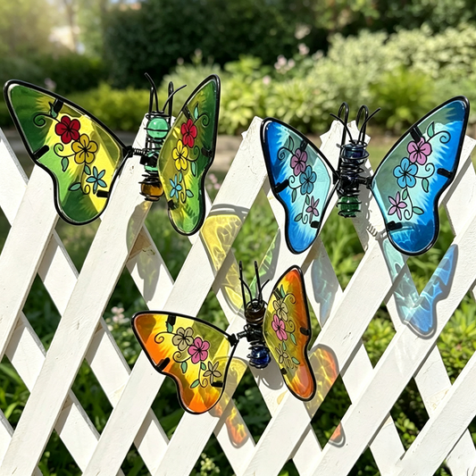 Set of 3 Stained Glass Metal Butterfly Pot Hugger - Garden Yard Potted Plant Edge Ornament
