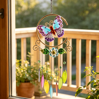 Stained Glass Metal Butterfly Wind Chime Suncatcher Garden Window Hanging Decor