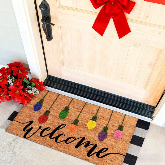Christmas Light Bulb Welcome Door Mat - Holiday Doormat for Indoor Outdoor Entrance Home Xmas Decor