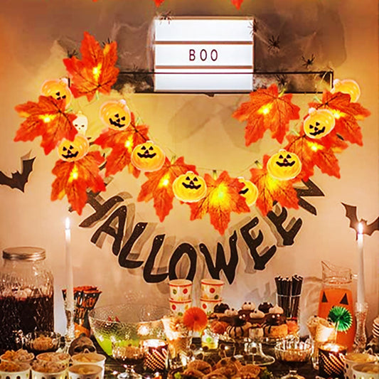 Battery Powered Halloween Pumpkin Maple Leaf String Light - 4.92 ft, 10 LED, Fall Holiday Lighting