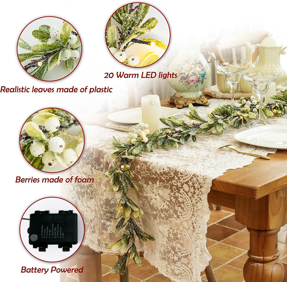 Frosted Mistletoe Garland - 5.9 ft, 20 LED, Home Christmas Holiday Decoration
