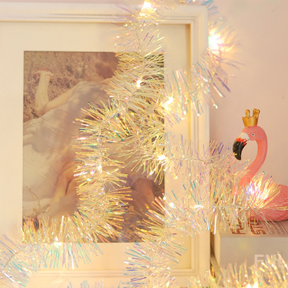 Battery-Powered Iridescent Christmas Tinsel Garland LED Lights - 16.4ft, Mantel & Tree Holiday Decor