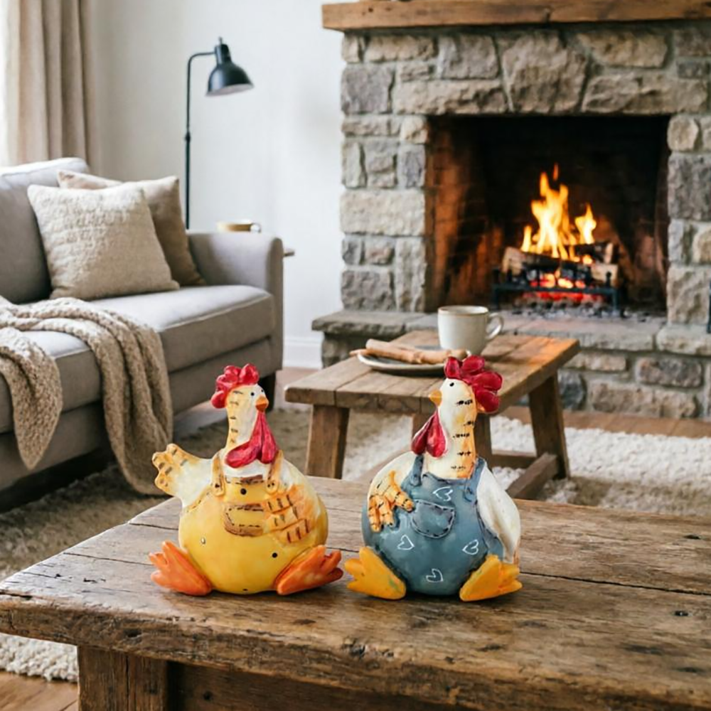 Set of 2 Hand Painted Chicken Figurines - Easter Garden Lawn Patio Home Tabletop Decor