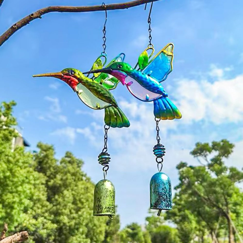 Stained Glass & Iron Hummingbird Decorative Wind Chime - Blue, Home Yard Porch Patio Outdoor Decor Ornament