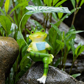 Whimsical Resin Coffee Frog Figurine with Leaf Umbrella - Outdoor Lawn Patio Garden Decor
