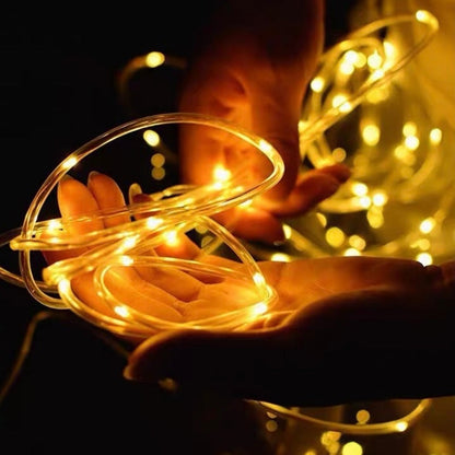Solar Powered Warm White LED Rope String Light - Weatherproof Yard Garden Patio Backyard Outdoor Holiday Party Decor Lighting