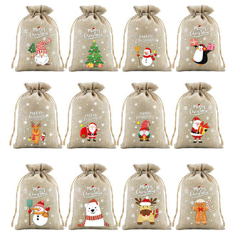 12 Pcs - Christmas Burlap Drawstring Gift Bag