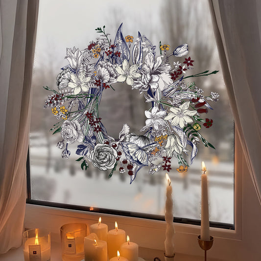 Vintage Floral Wreath Window Cling - Home Glass Window Reusable Decor Decal