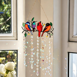Multicolored Birds on Branch Crystal Suncatcher Window Hanging