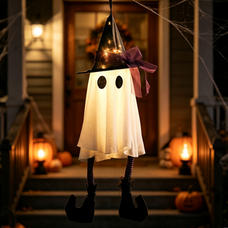 Spooky Glowing Hanging Ghost with Witch Hat - Halloween Porch Tree Holiday Party Decor Lighting